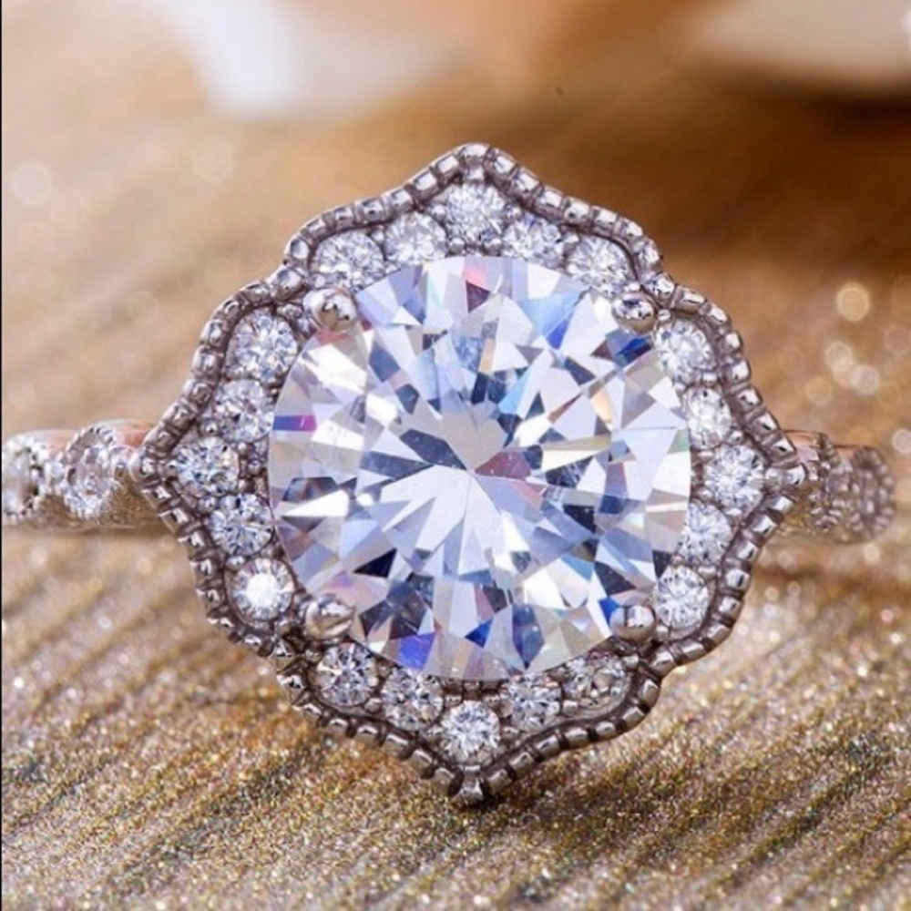 New-Cubic Zirconia & Sterling Silver Halo Floral Ring